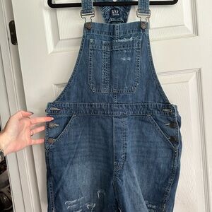 GAP Classic Blue Denim Overalls Shorts Distressed